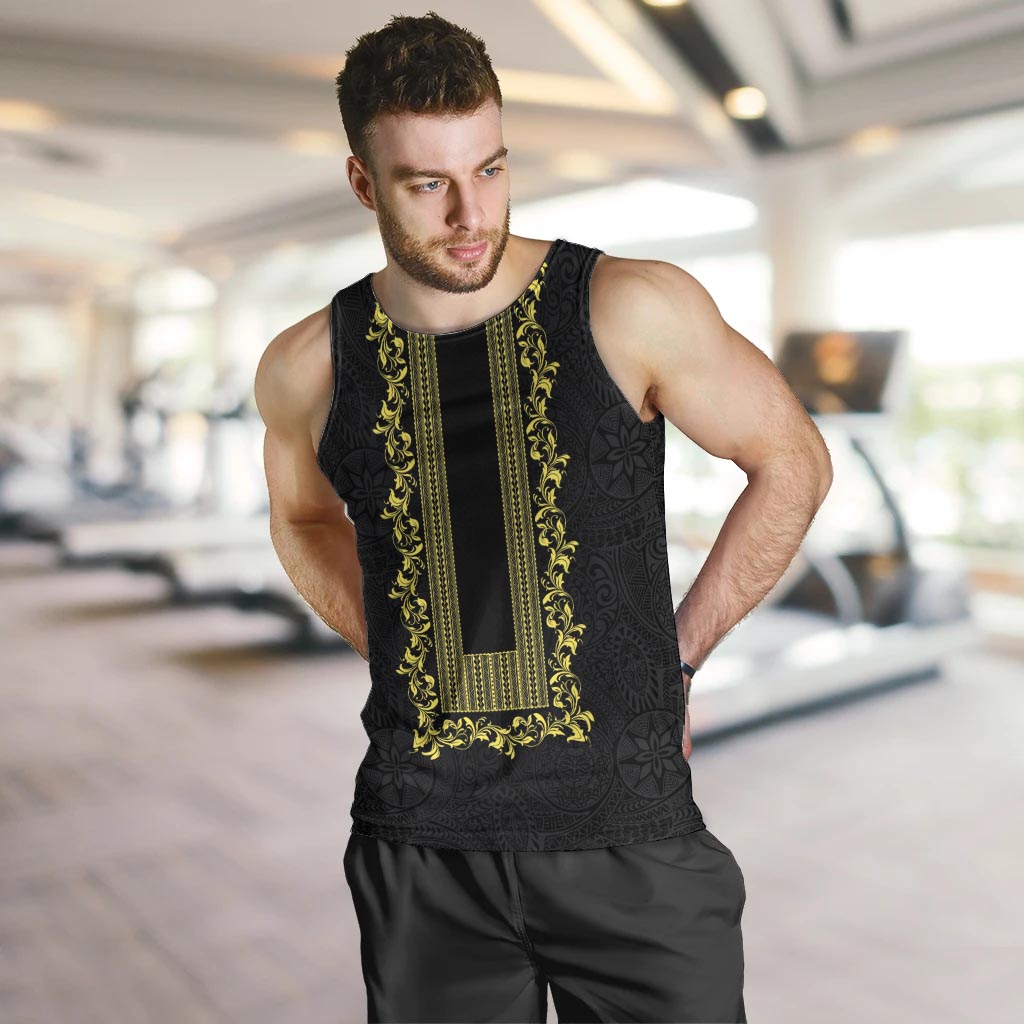 Philippines Polynesian Floral Pattern Men Tank Top With Barong Tagalog Black Style LT03 Black - Polynesian Pride