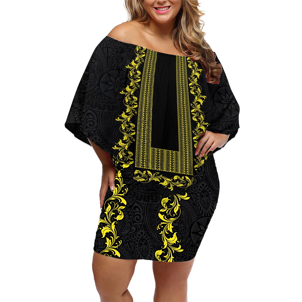 Philippines Polynesian Floral Pattern Off Shoulder Short Dress With Barong Tagalog Black Style LT03 Women Black - Polynesian Pride