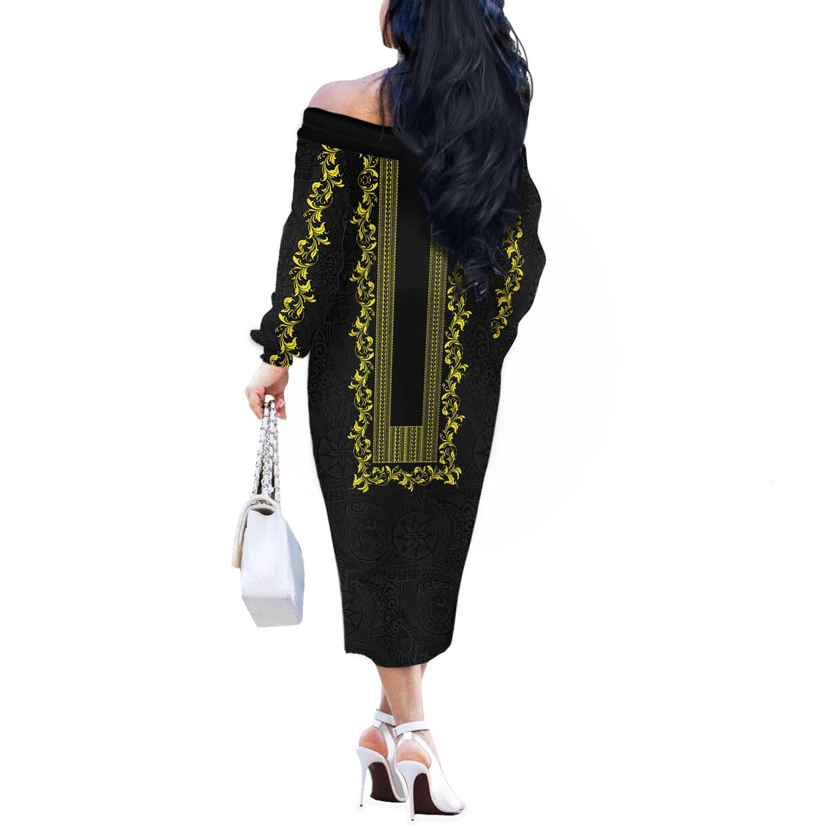 Philippines Polynesian Floral Pattern Off The Shoulder Long Sleeve Dress With Barong Tagalog Black Style LT03 - Polynesian Pride