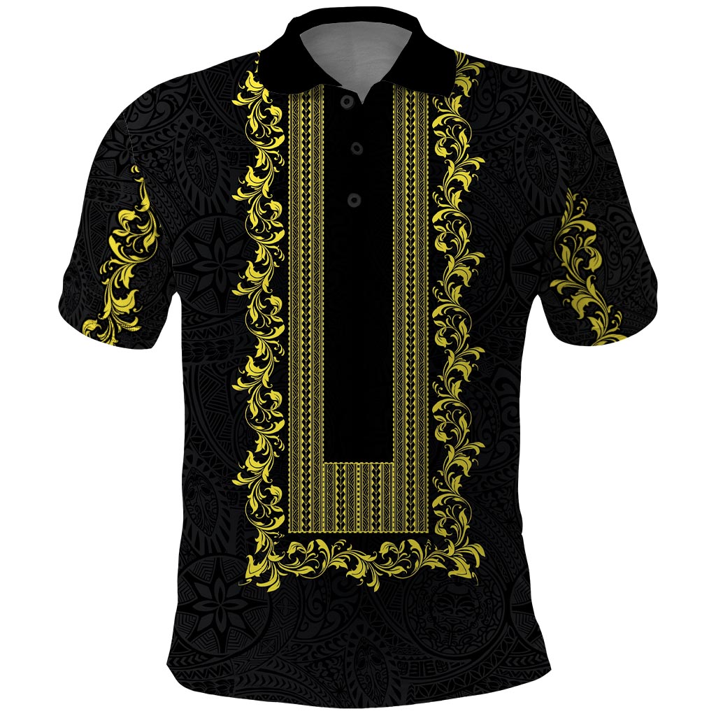 Philippines Polynesian Floral Pattern Polo Shirt With Barong Tagalog Black Style LT03 Black - Polynesian Pride