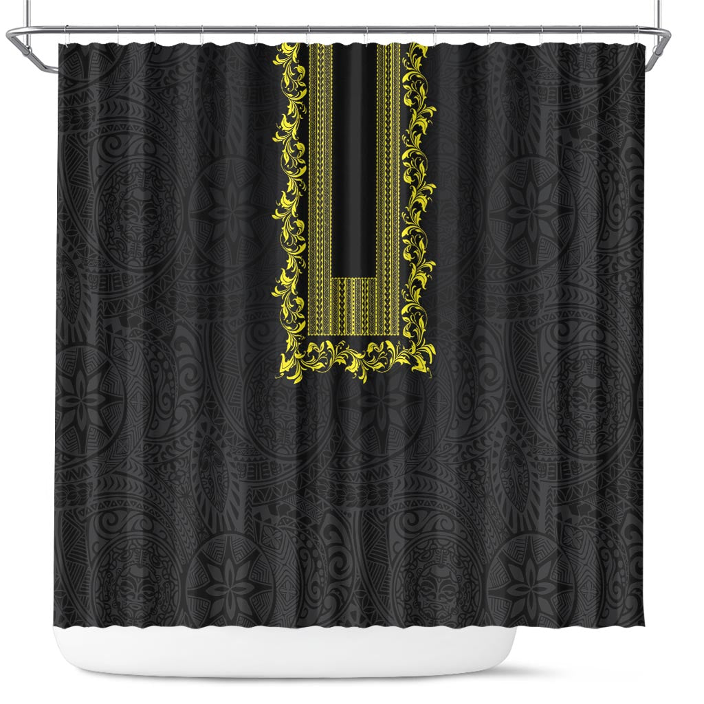 Philippines Polynesian Floral Pattern Shower Curtain With Barong Tagalog Black Style LT03 Black - Polynesian Pride