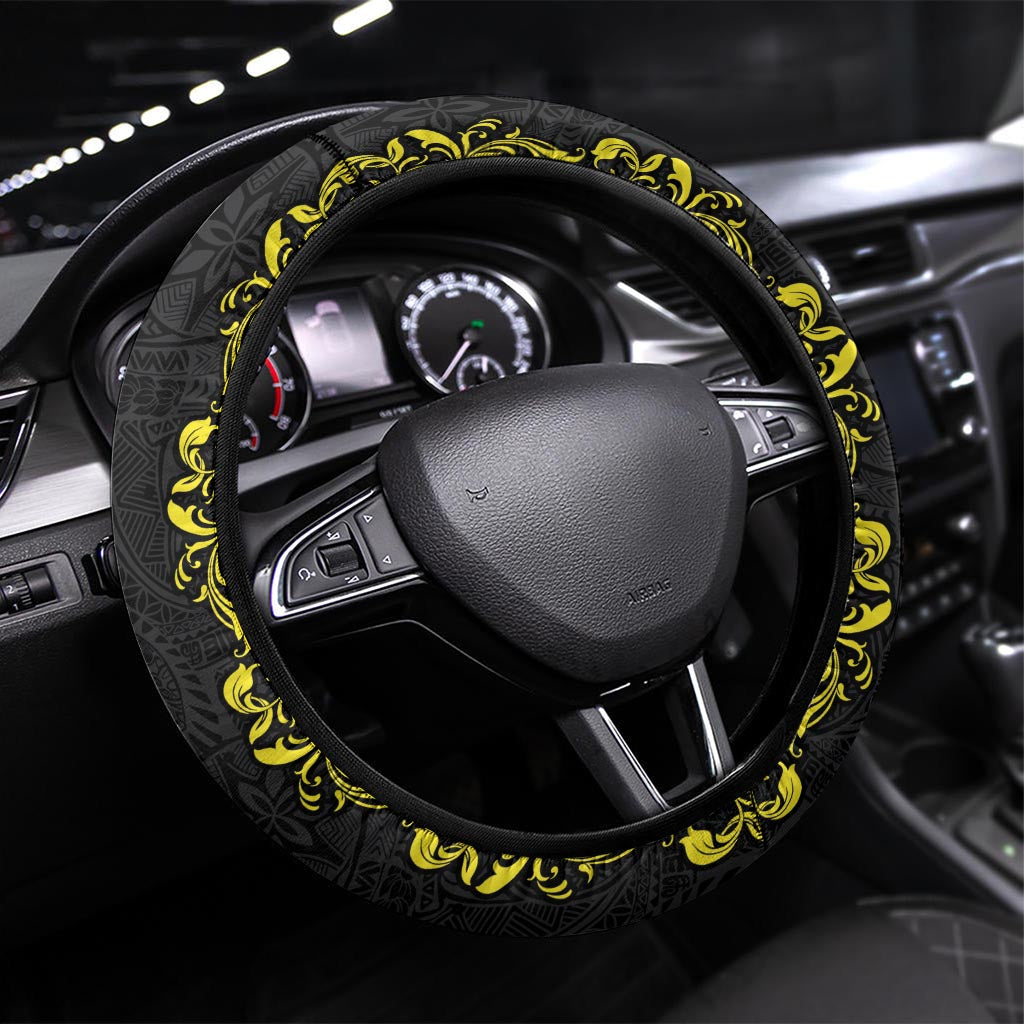 Philippines Polynesian Floral Pattern Steering Wheel Cover With Barong Tagalog Black Style LT03 Universal Fit Black - Polynesian Pride