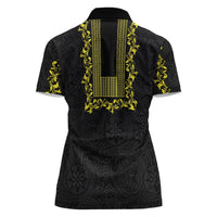 Philippines Polynesian Floral Pattern Women Polo Shirt With Barong Tagalog Black Style LT03 - Polynesian Pride