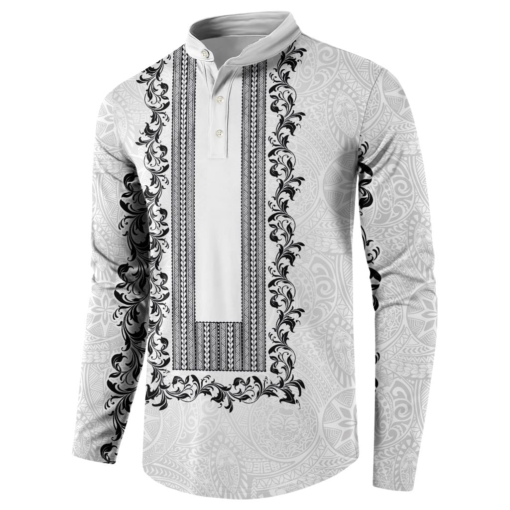 Philippines Polynesian Floral Pattern Button Sweatshirt With Barong Tagalog White Style LT03 - Polynesian Pride