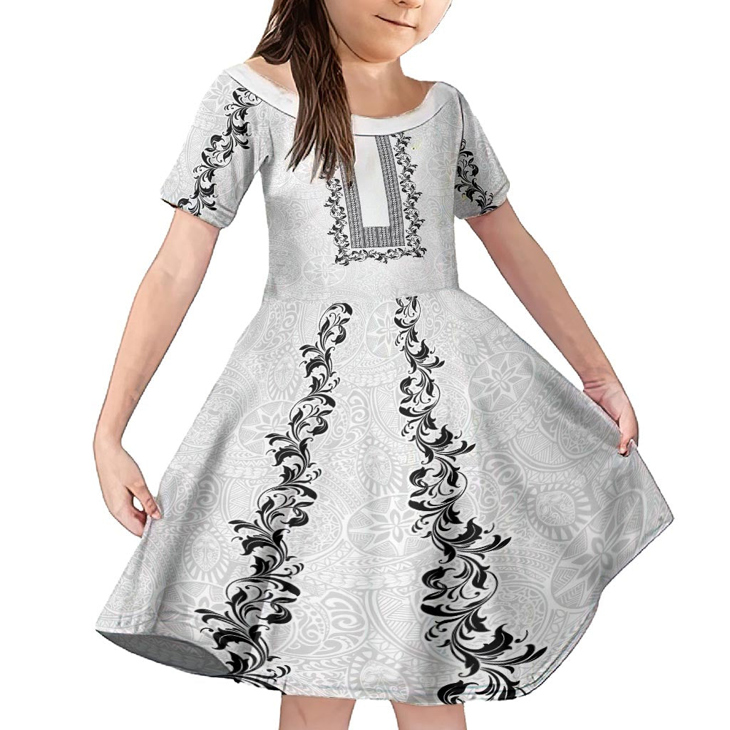 Philippines Polynesian Floral Pattern Kid Short Sleeve Dress With Barong Tagalog White Style LT03 KID White - Polynesian Pride