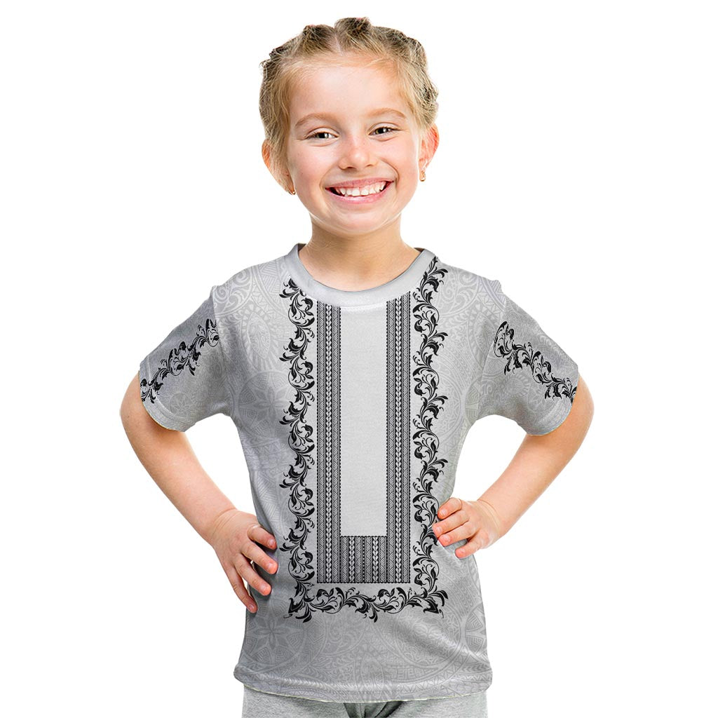 Philippines Polynesian Floral Pattern Kid T Shirt With Barong Tagalog White Style LT03 White - Polynesian Pride
