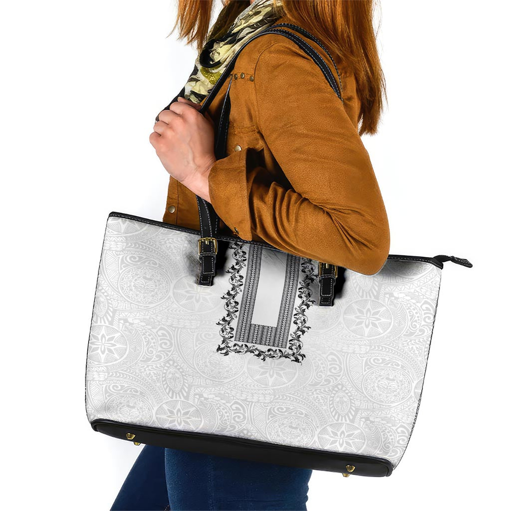 Philippines Polynesian Floral Pattern Leather Tote Bag With Barong Tagalog White Style LT03 White - Polynesian Pride