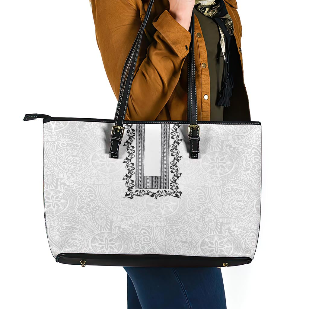 Philippines Polynesian Floral Pattern Leather Tote Bag With Barong Tagalog White Style LT03 - Polynesian Pride