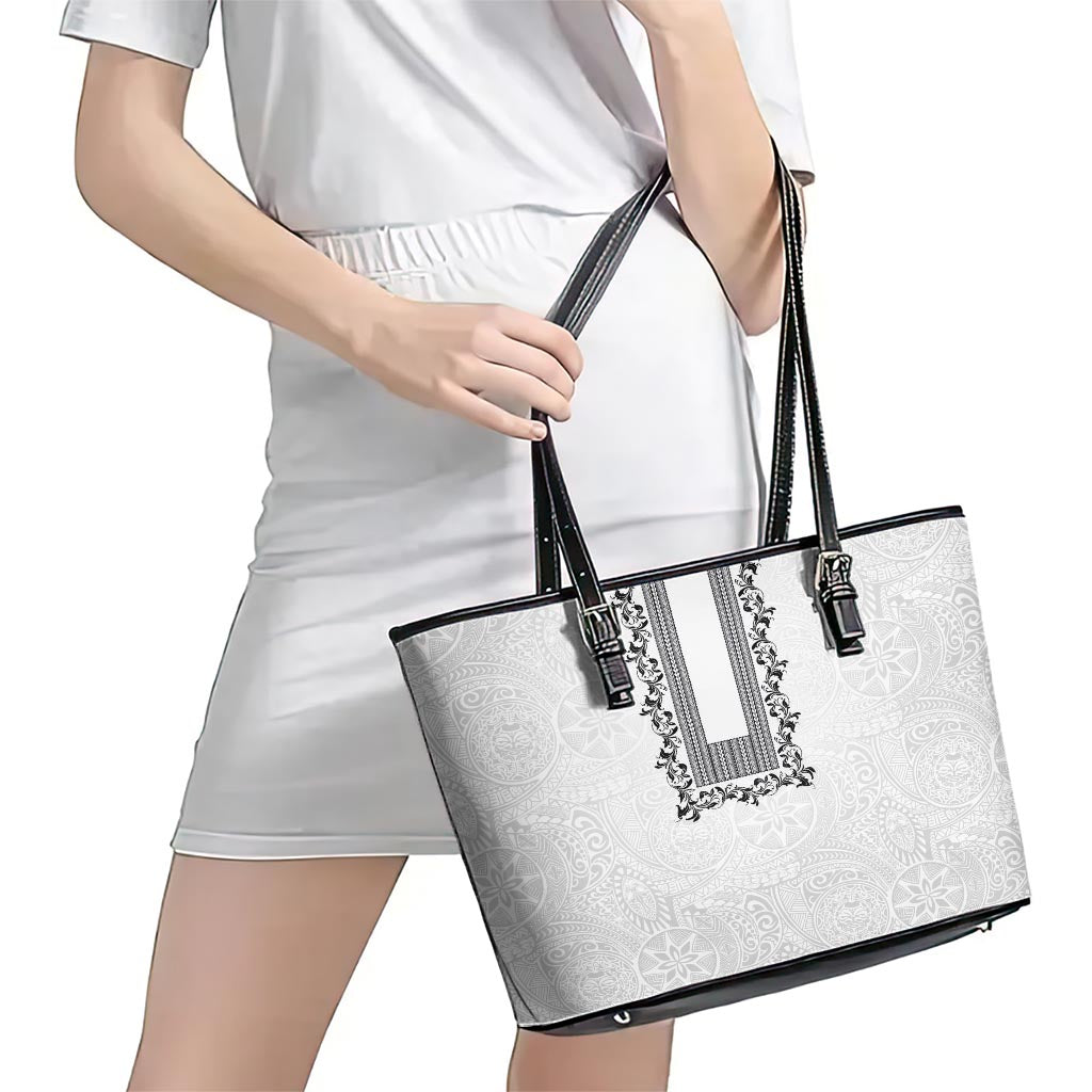 Philippines Polynesian Floral Pattern Leather Tote Bag With Barong Tagalog White Style LT03 - Polynesian Pride