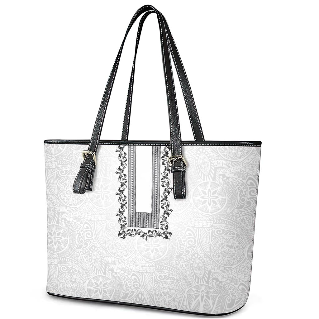 Philippines Polynesian Floral Pattern Leather Tote Bag With Barong Tagalog White Style LT03 - Polynesian Pride