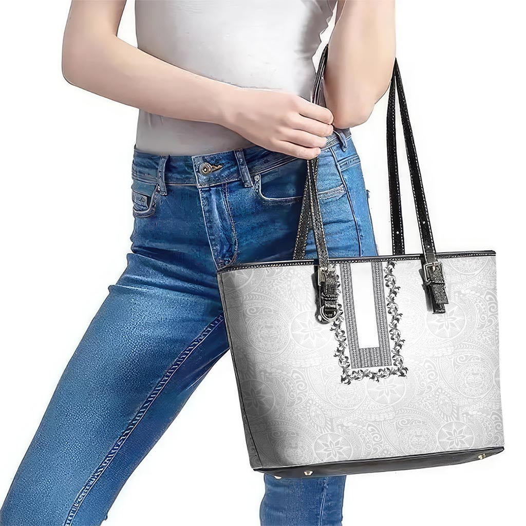 Philippines Polynesian Floral Pattern Leather Tote Bag With Barong Tagalog White Style LT03 - Polynesian Pride