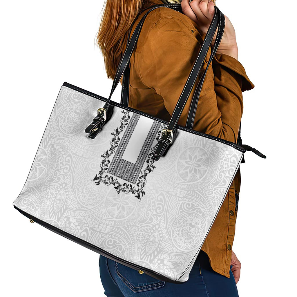 Philippines Polynesian Floral Pattern Leather Tote Bag With Barong Tagalog White Style LT03 - Polynesian Pride