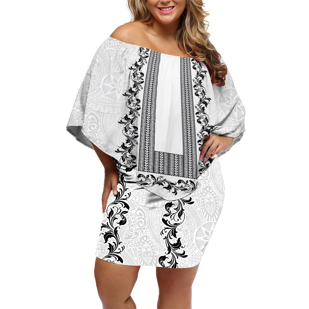 Philippines Polynesian Floral Pattern Off Shoulder Short Dress With Barong Tagalog White Style LT03 Women White - Polynesian Pride