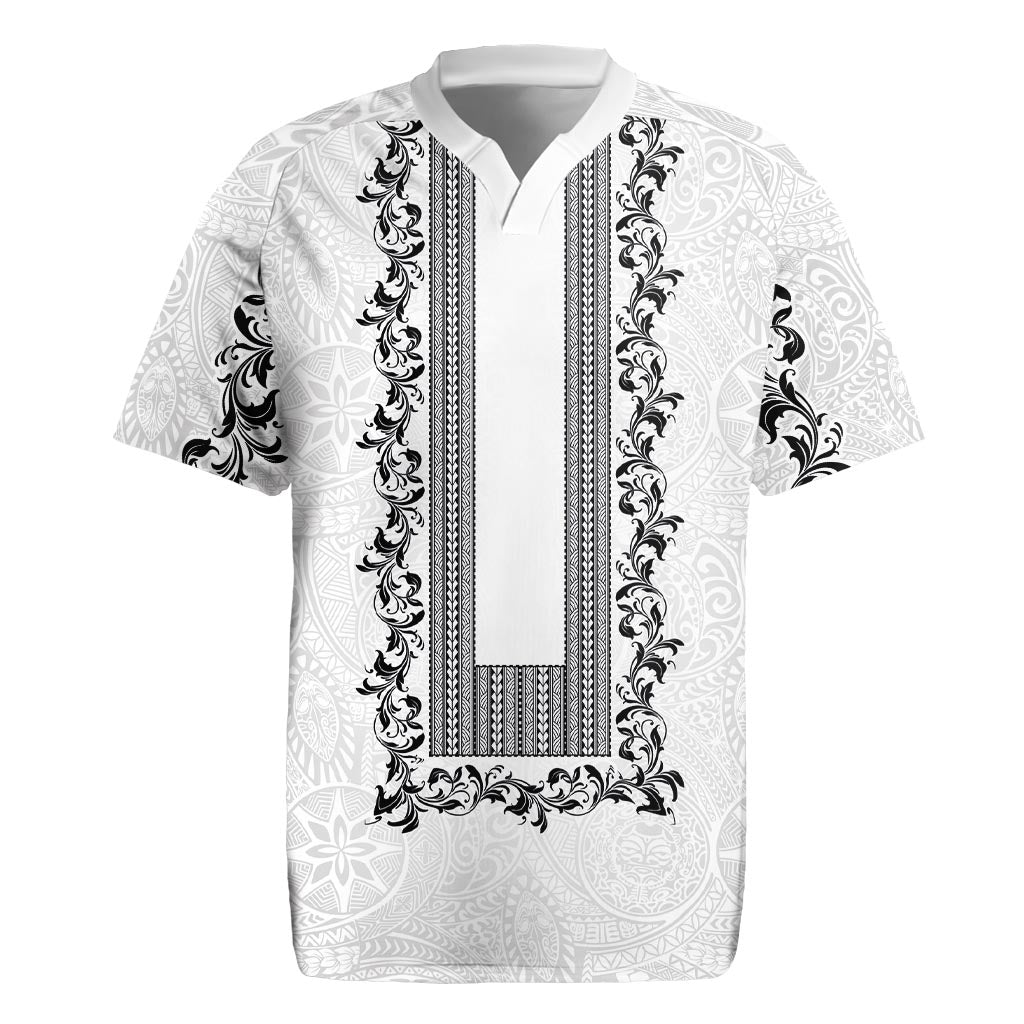 Philippines Polynesian Floral Pattern Rugby Jersey With Barong Tagalog White Style LT03 White - Polynesian Pride