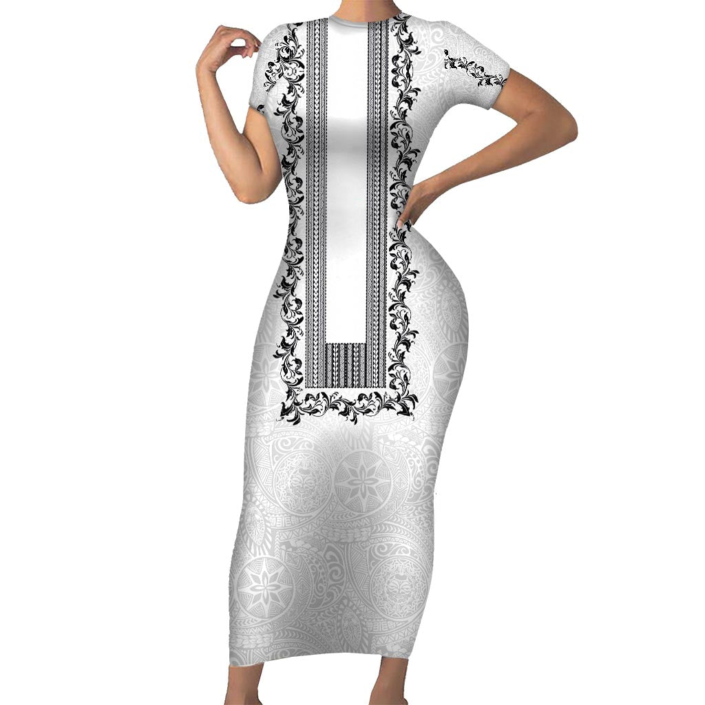 Philippines Polynesian Floral Pattern Short Sleeve Bodycon Dress With Barong Tagalog White Style LT03 Long Dress White - Polynesian Pride