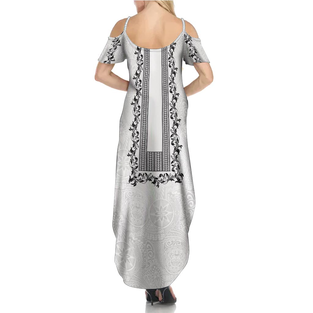 Philippines Polynesian Floral Pattern Summer Maxi Dress With Barong Tagalog White Style LT03 - Polynesian Pride