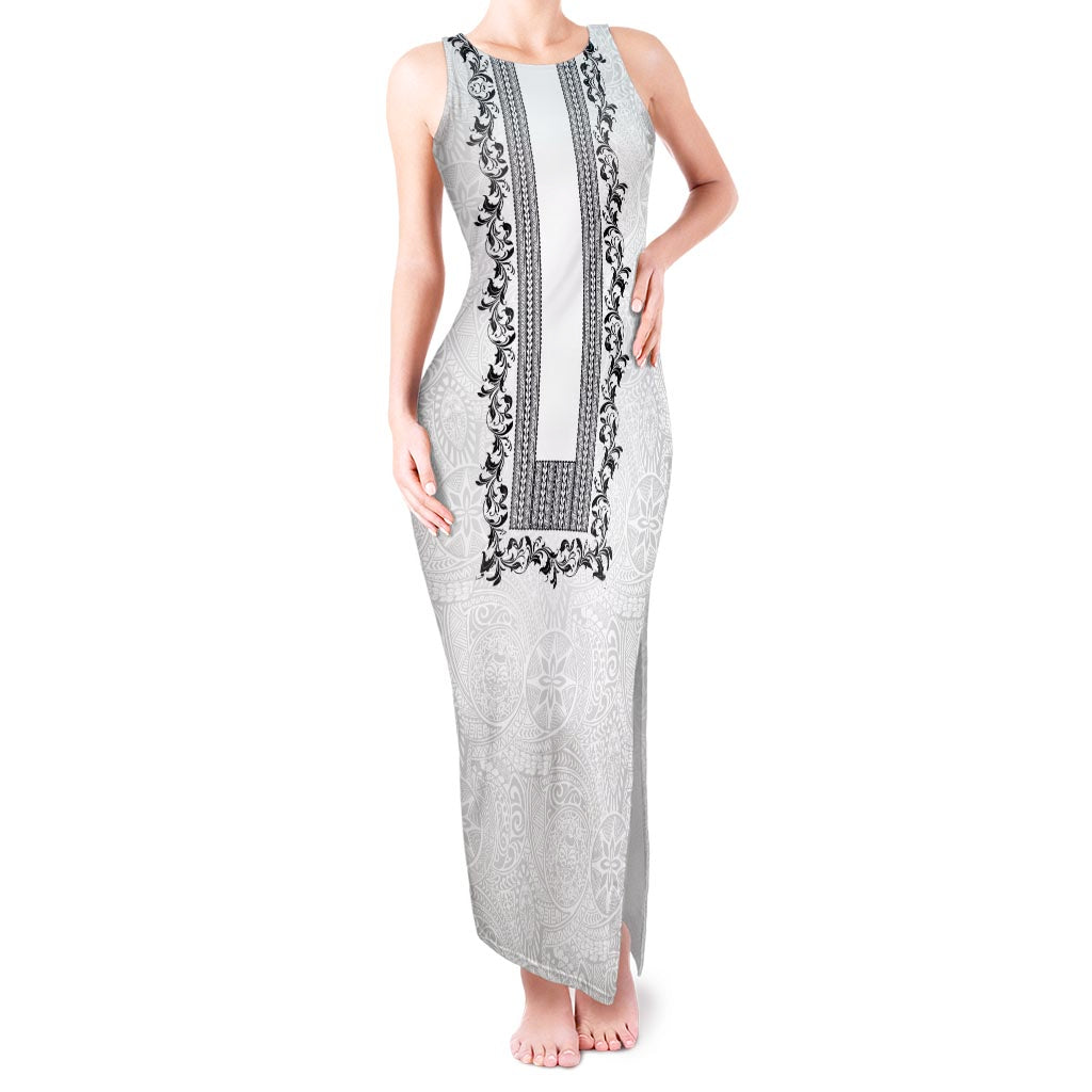 Philippines Polynesian Floral Pattern Tank Maxi Dress With Barong Tagalog White Style LT03 Women White - Polynesian Pride