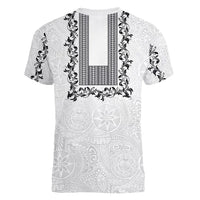 Philippines Polynesian Floral Pattern Women V-Neck T-Shirt With Barong Tagalog White Style LT03 - Polynesian Pride