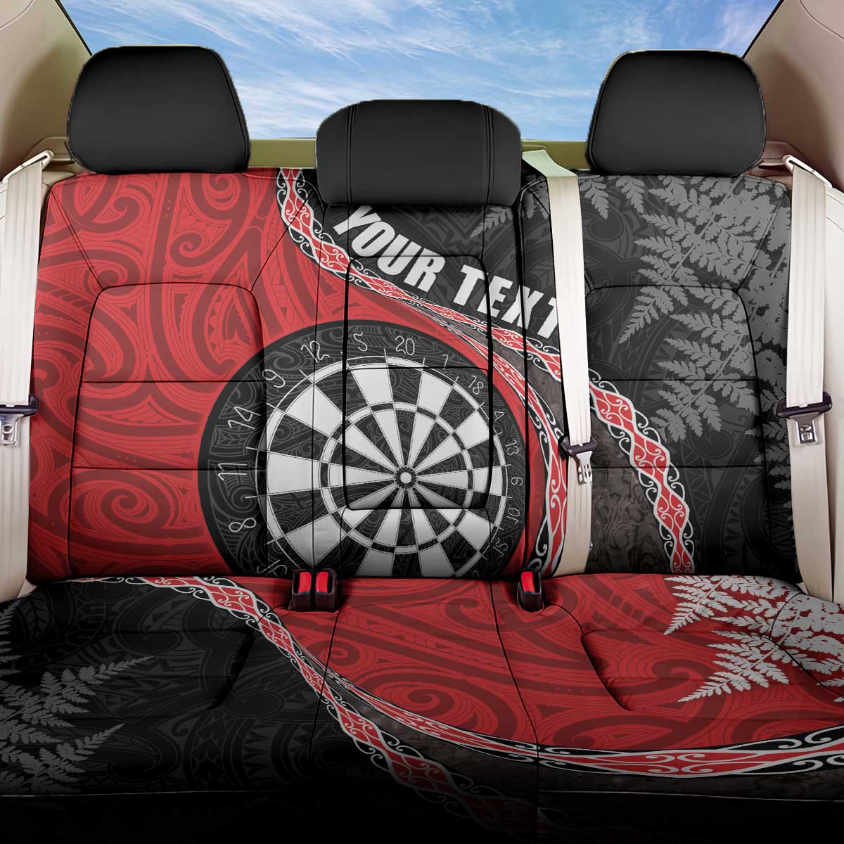 Personalised New Zealand Darts Back Car Seat Cover Koru Tribal Tattoo and Silver Fern Maori Pattern Red Color