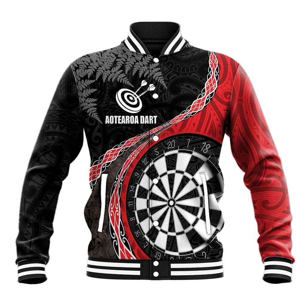 Personalised New Zealand Darts Baseball Jacket Koru Tribal Tattoo and Silver Fern Maori Pattern Red Color