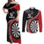 Personalised New Zealand Darts Couples Matching Off Shoulder Maxi Dress and Long Sleeve Button Shirt Koru Tribal Tattoo and Silver Fern Maori Pattern Red Color