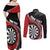 Personalised New Zealand Darts Couples Matching Off Shoulder Maxi Dress and Long Sleeve Button Shirt Koru Tribal Tattoo and Silver Fern Maori Pattern Red Color