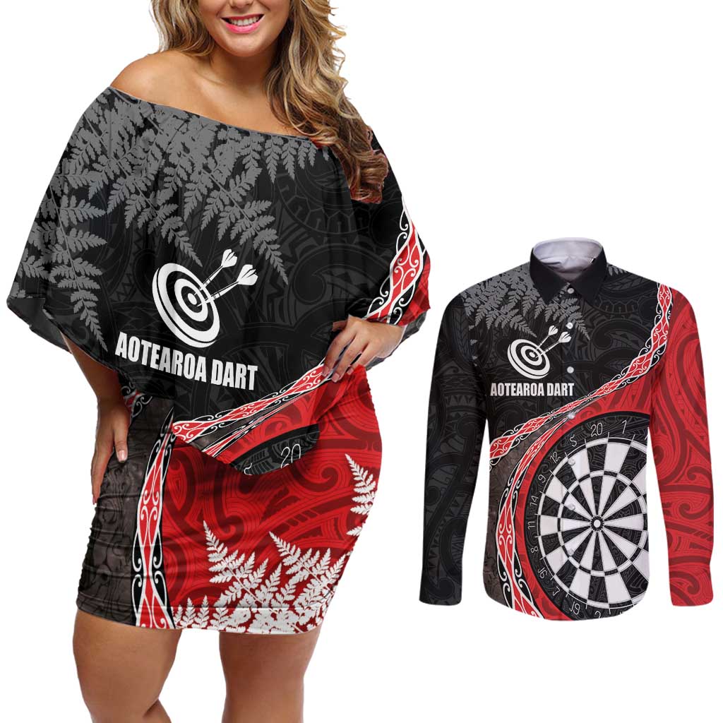 Personalised New Zealand Darts Couples Matching Off Shoulder Short Dress and Long Sleeve Button Shirt Koru Tribal Tattoo and Silver Fern Maori Pattern Red Color