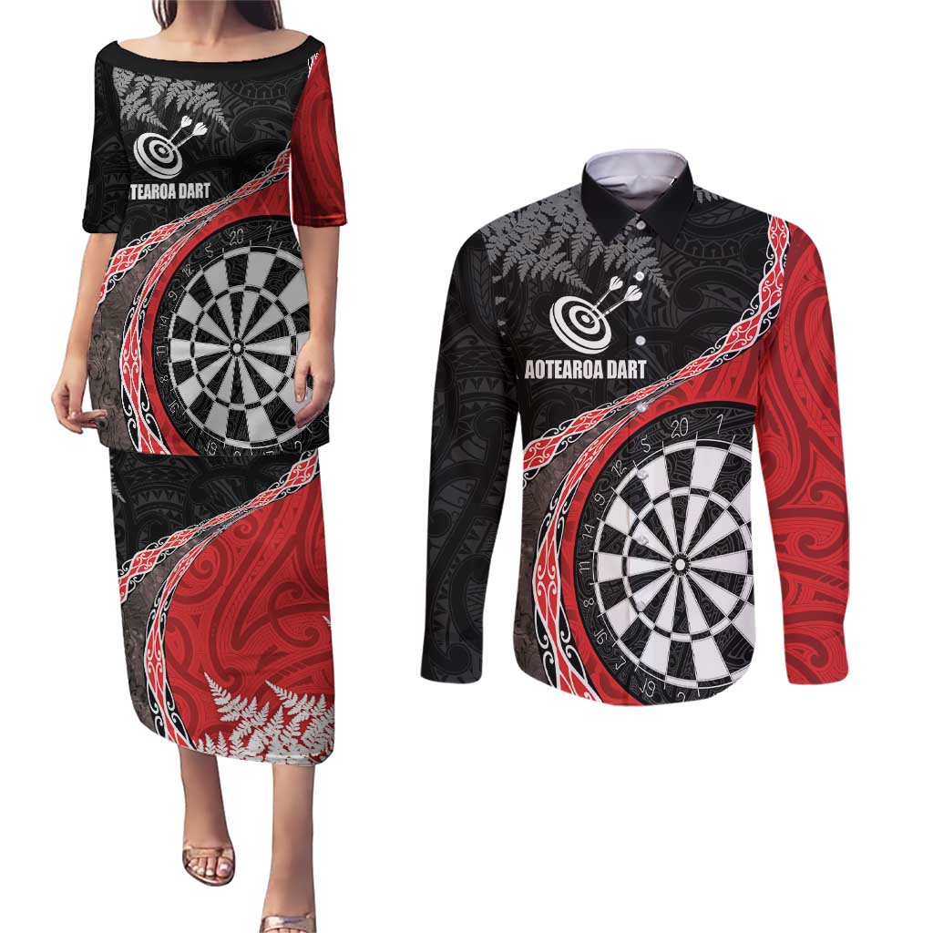 Personalised New Zealand Darts Couples Matching Puletasi and Long Sleeve Button Shirt Koru Tribal Tattoo and Silver Fern Maori Pattern Red Color