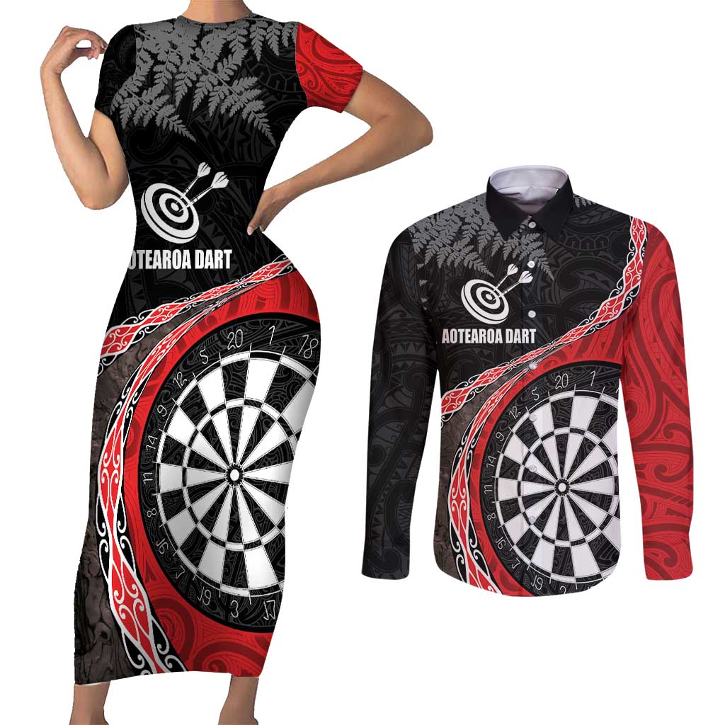 Personalised New Zealand Darts Couples Matching Short Sleeve Bodycon Dress and Long Sleeve Button Shirt Koru Tribal Tattoo and Silver Fern Maori Pattern Red Color