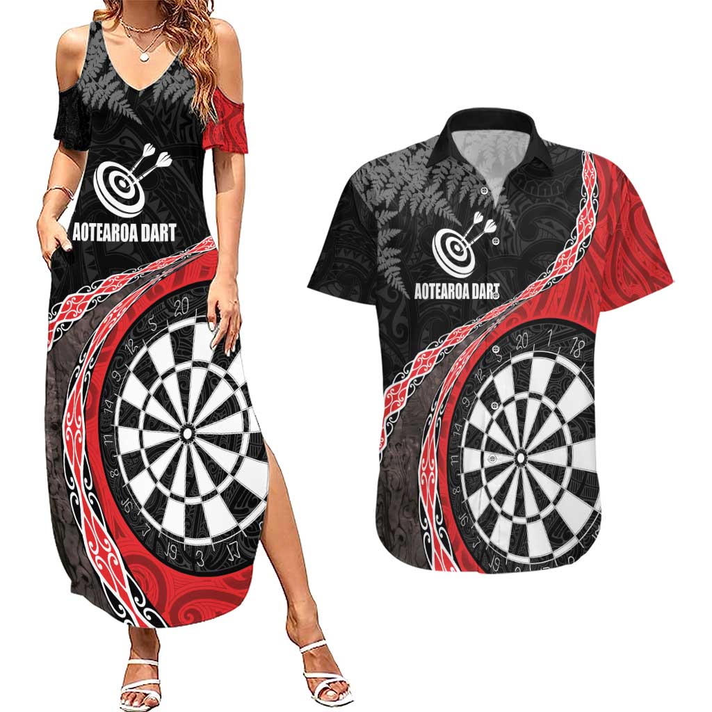 Personalised New Zealand Darts Couples Matching Summer Maxi Dress and Hawaiian Shirt Koru Tribal Tattoo and Silver Fern Maori Pattern Red Color