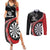 Personalised New Zealand Darts Couples Matching Summer Maxi Dress and Long Sleeve Button Shirt Koru Tribal Tattoo and Silver Fern Maori Pattern Red Color