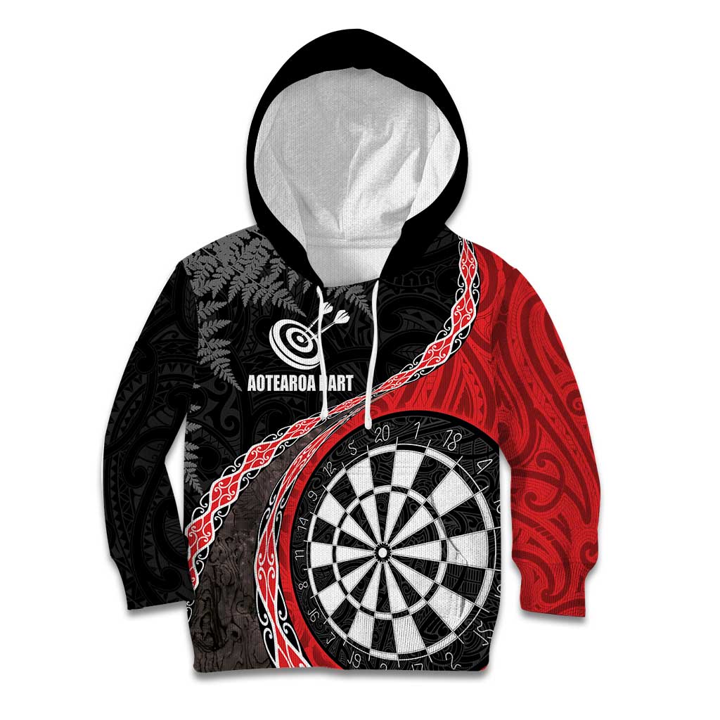 Personalised New Zealand Darts Kid Hoodie Koru Tribal Tattoo and Silver Fern Maori Pattern Red Color