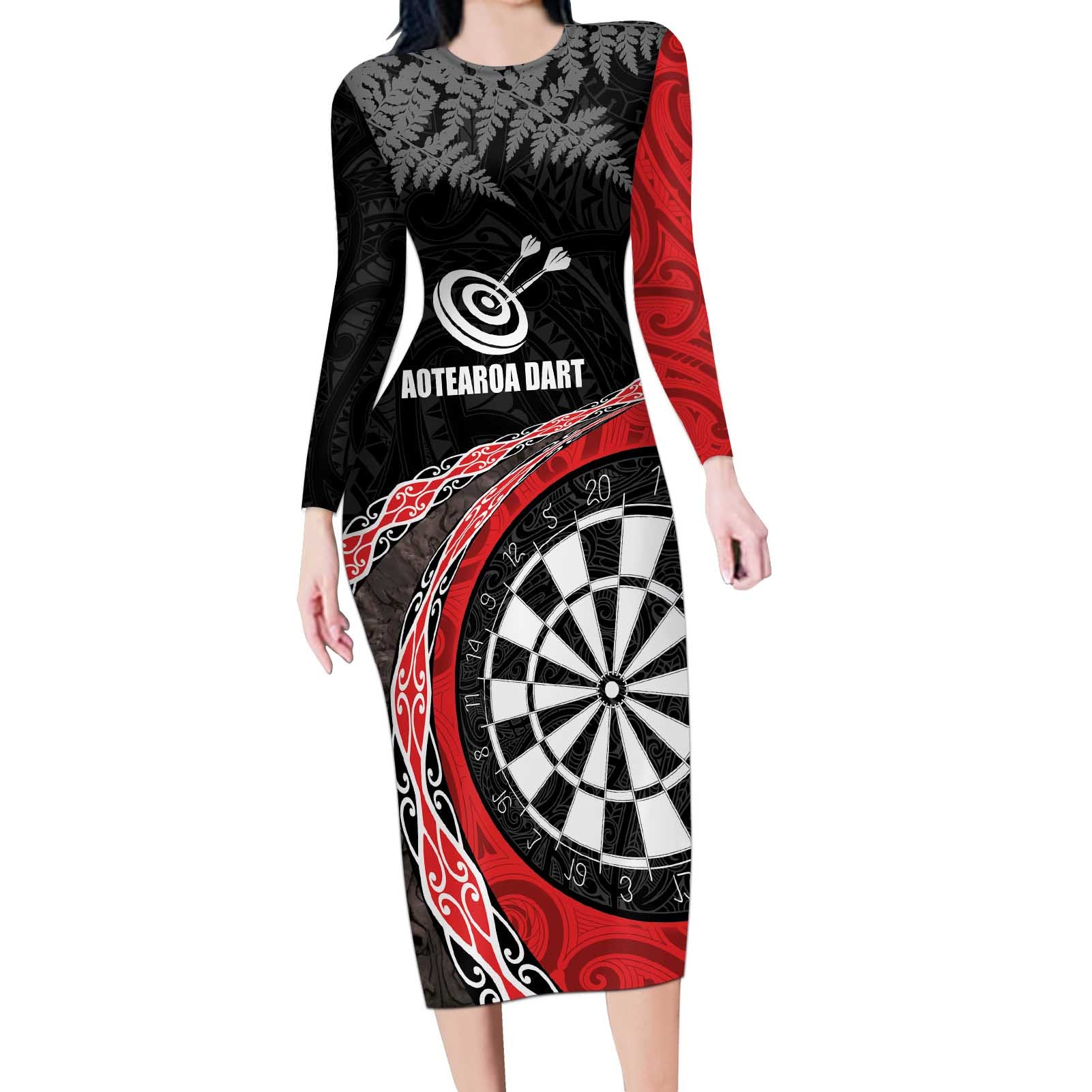 Personalised New Zealand Darts Long Sleeve Bodycon Dress Koru Tribal Tattoo and Silver Fern Maori Pattern Red Color