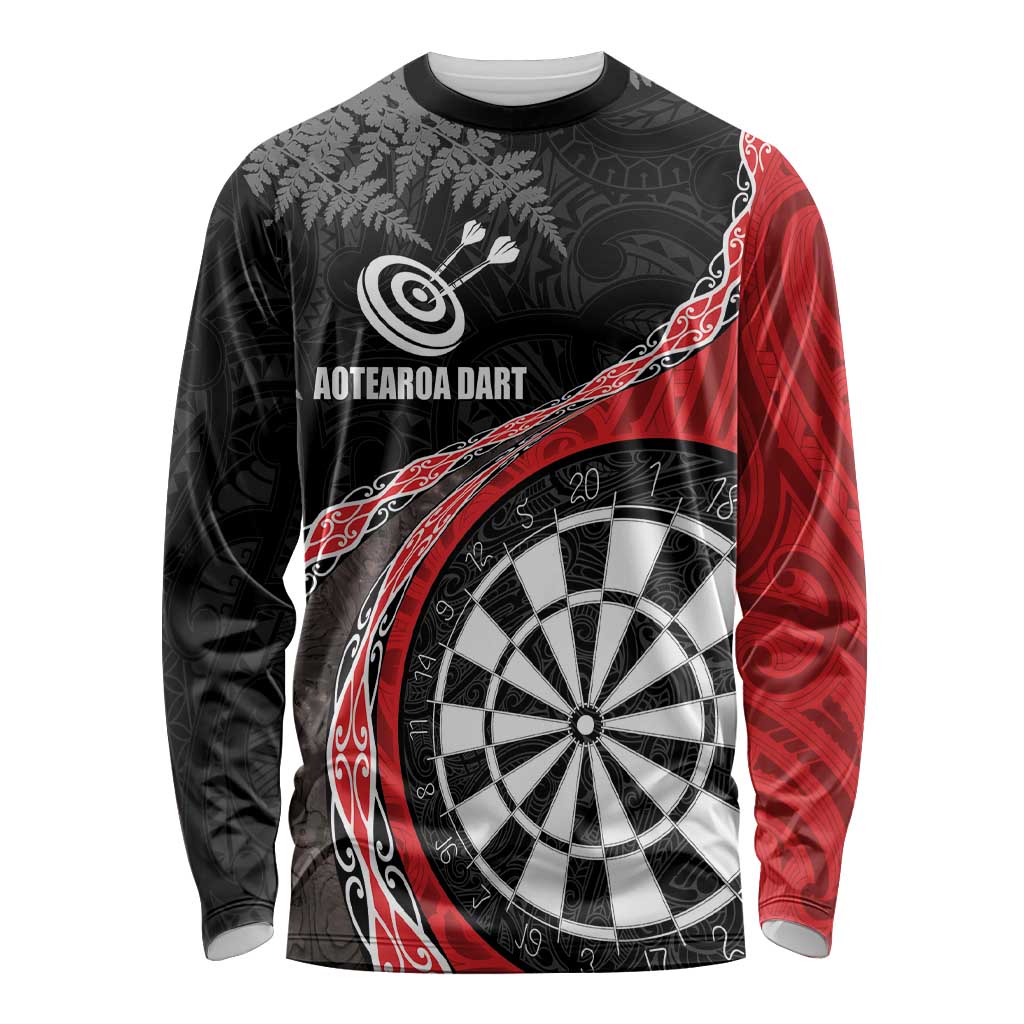 Personalised New Zealand Darts Long Sleeve Shirt Koru Tribal Tattoo and Silver Fern Maori Pattern Red Color