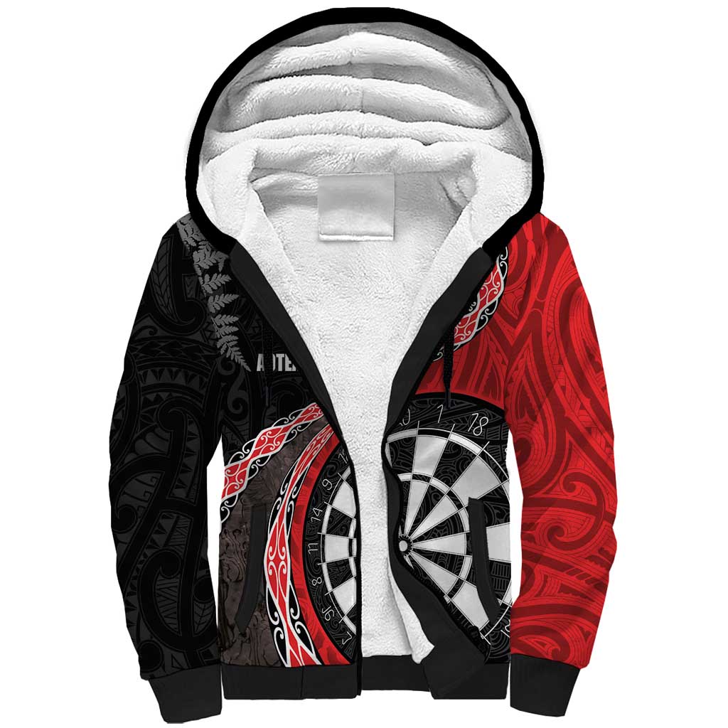 Personalised New Zealand Darts Sherpa Hoodie Koru Tribal Tattoo and Silver Fern Maori Pattern Red Color