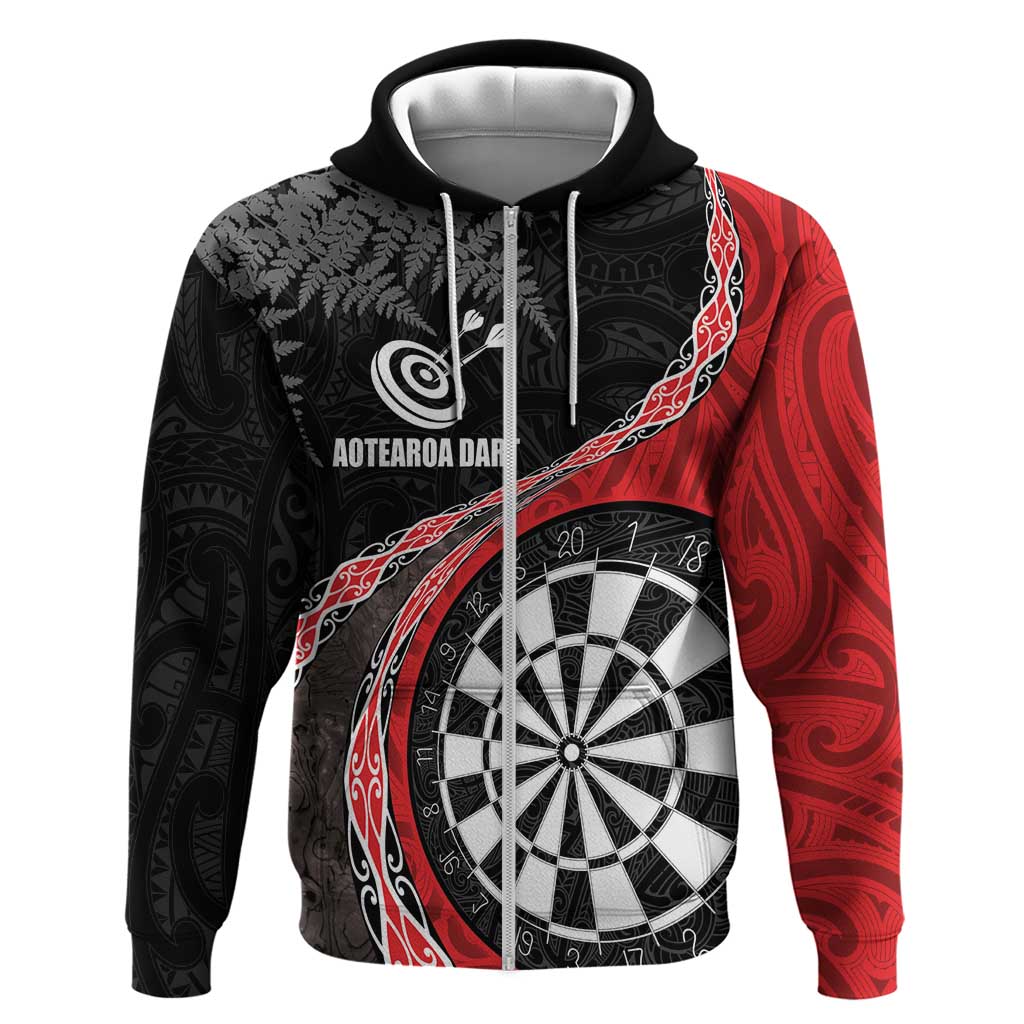 Personalised New Zealand Darts Zip Hoodie Koru Tribal Tattoo and Silver Fern Maori Pattern Red Color LT03 Zip Hoodie Red - Polynesian Pride