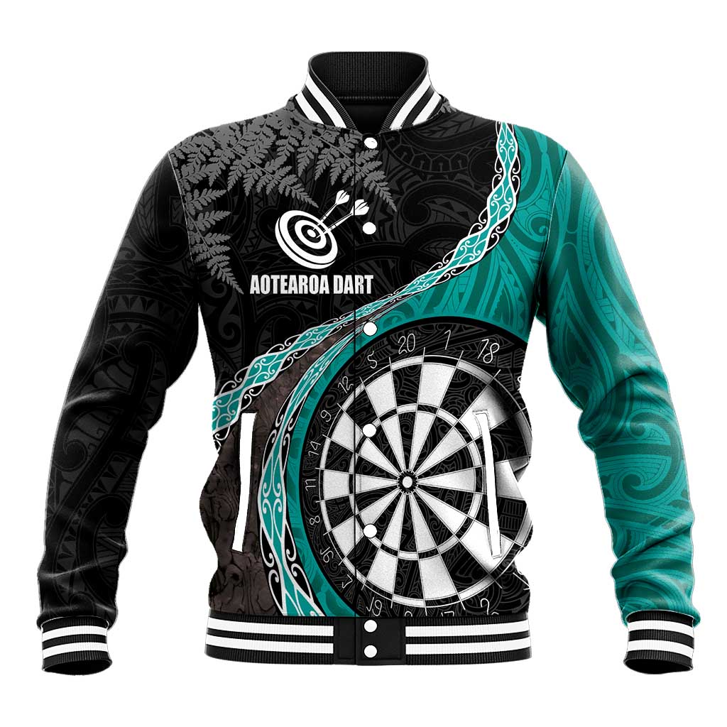 Personalised New Zealand Darts Baseball Jacket Koru Tribal Tattoo and Silver Fern Maori Pattern Teal Color LT03 Unisex Teal - Polynesian Pride
