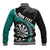 Personalised New Zealand Darts Baseball Jacket Koru Tribal Tattoo and Silver Fern Maori Pattern Teal Color