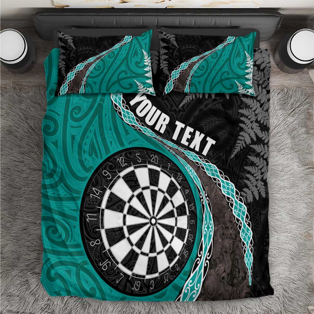 Personalised New Zealand Darts Bedding Set Koru Tribal Tattoo and Silver Fern Maori Pattern Teal Color