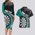 Personalised New Zealand Darts Couples Matching Long Sleeve Bodycon Dress and Hawaiian Shirt Koru Tribal Tattoo and Silver Fern Maori Pattern Teal Color