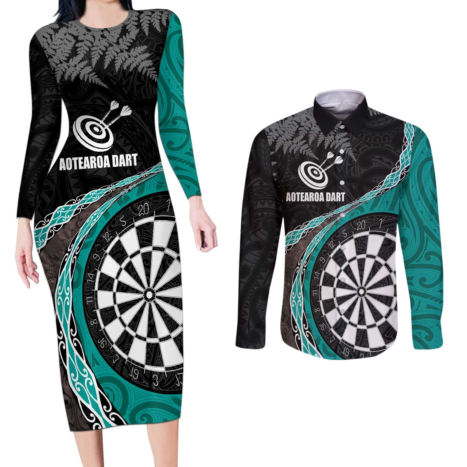 Personalised New Zealand Darts Couples Matching Long Sleeve Bodycon Dress and Long Sleeve Button Shirt Koru Tribal Tattoo and Silver Fern Maori Pattern Teal Color