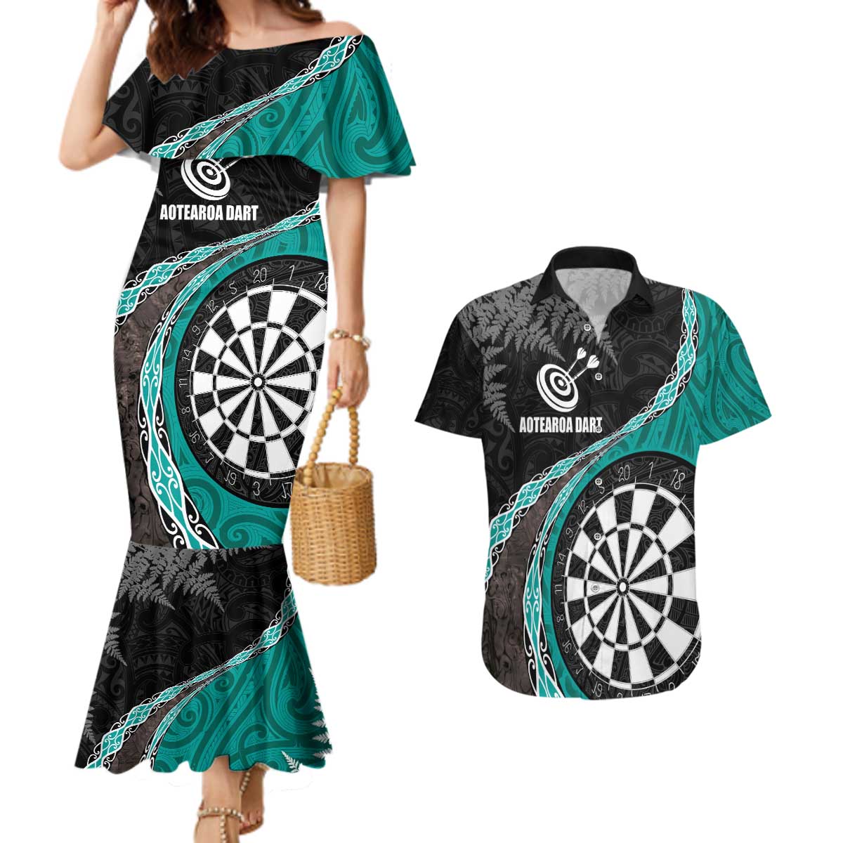 Personalised New Zealand Darts Couples Matching Mermaid Dress and Hawaiian Shirt Koru Tribal Tattoo and Silver Fern Maori Pattern Teal Color