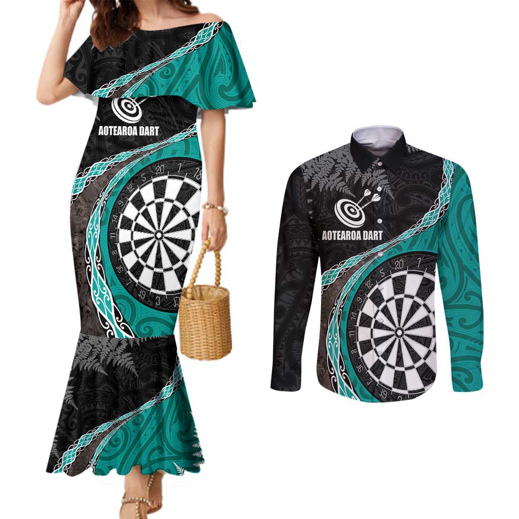 Personalised New Zealand Darts Couples Matching Mermaid Dress and Long Sleeve Button Shirt Koru Tribal Tattoo and Silver Fern Maori Pattern Teal Color