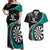 Personalised New Zealand Darts Couples Matching Off Shoulder Maxi Dress and Hawaiian Shirt Koru Tribal Tattoo and Silver Fern Maori Pattern Teal Color