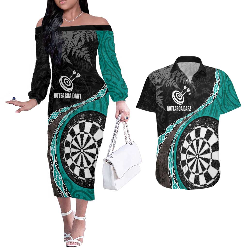 Personalised New Zealand Darts Couples Matching Off The Shoulder Long Sleeve Dress and Hawaiian Shirt Koru Tribal Tattoo and Silver Fern Maori Pattern Teal Color