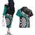 Personalised New Zealand Darts Couples Matching Off The Shoulder Long Sleeve Dress and Hawaiian Shirt Koru Tribal Tattoo and Silver Fern Maori Pattern Teal Color