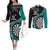 Personalised New Zealand Darts Couples Matching Off The Shoulder Long Sleeve Dress and Long Sleeve Button Shirt Koru Tribal Tattoo and Silver Fern Maori Pattern Teal Color