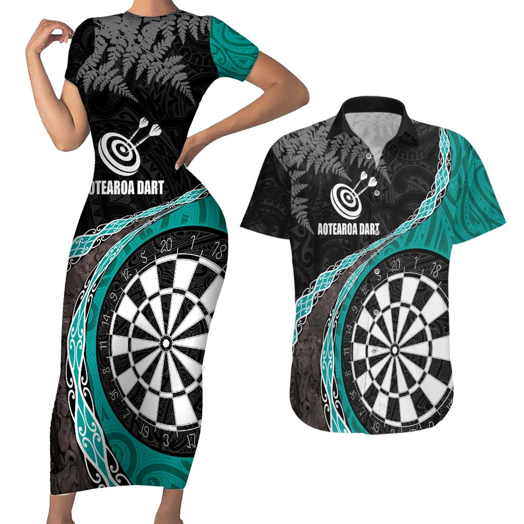 Personalised New Zealand Darts Couples Matching Short Sleeve Bodycon Dress and Hawaiian Shirt Koru Tribal Tattoo and Silver Fern Maori Pattern Teal Color