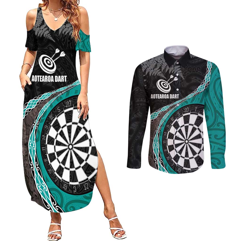 Personalised New Zealand Darts Couples Matching Summer Maxi Dress and Long Sleeve Button Shirt Koru Tribal Tattoo and Silver Fern Maori Pattern Teal Color