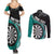 Personalised New Zealand Darts Couples Matching Summer Maxi Dress and Long Sleeve Button Shirt Koru Tribal Tattoo and Silver Fern Maori Pattern Teal Color